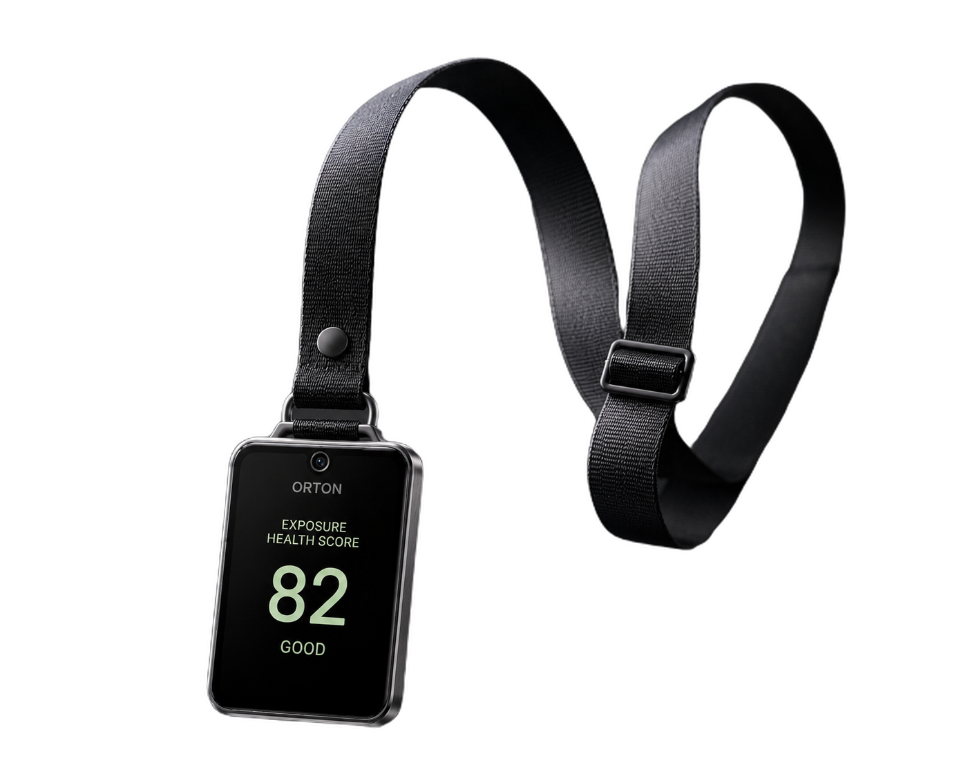 An ORTON exposure health badge on a lanyard, its screen showing an Exposure Health Score of 82, Good