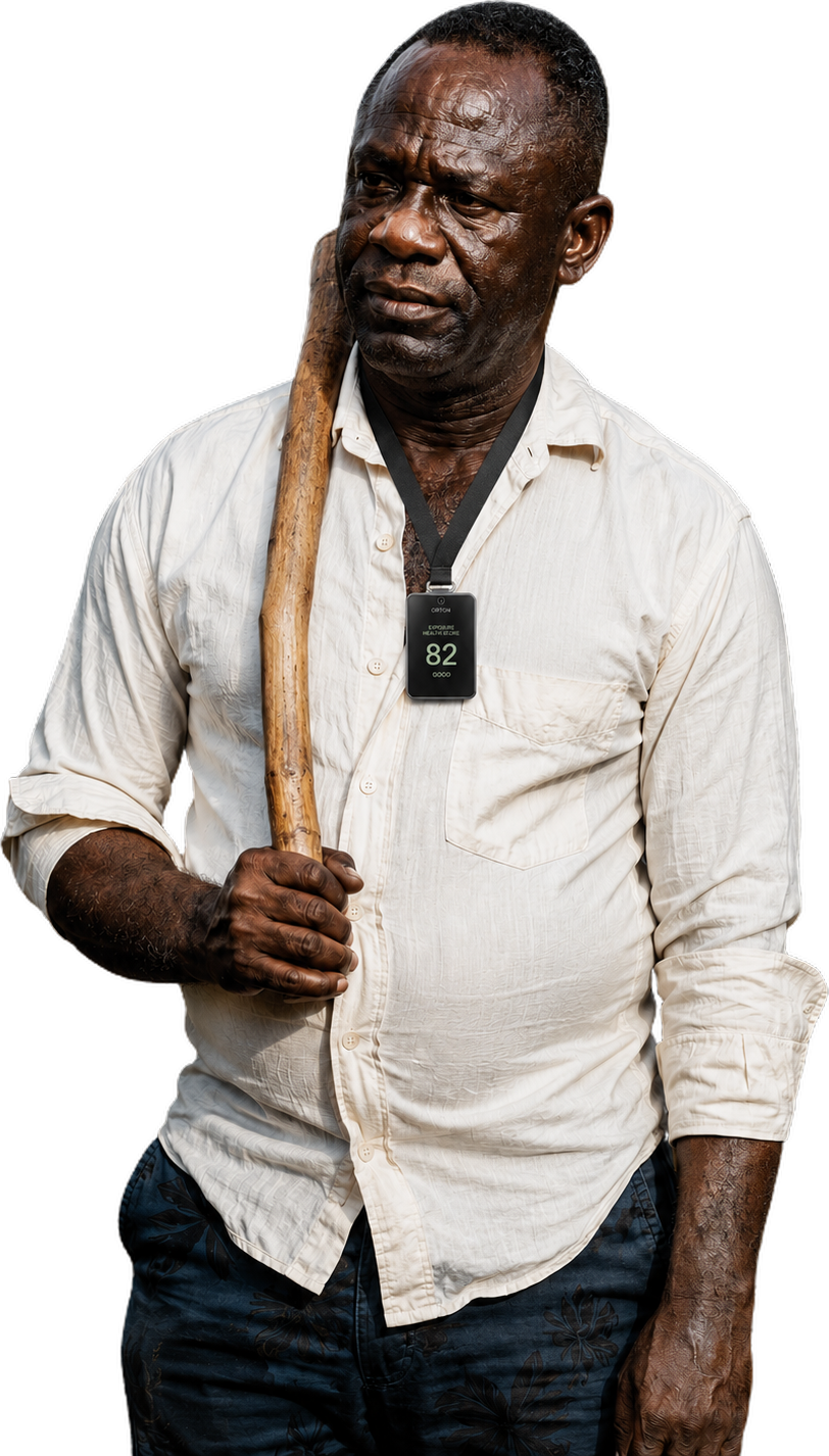 A farm worker wearing the Exposure Health Score badge showing 82, Good