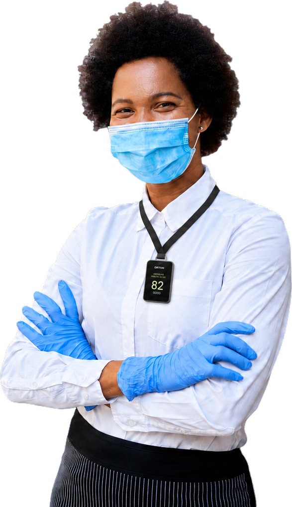 A healthcare worker wearing the Exposure Health Score badge showing 82, Good