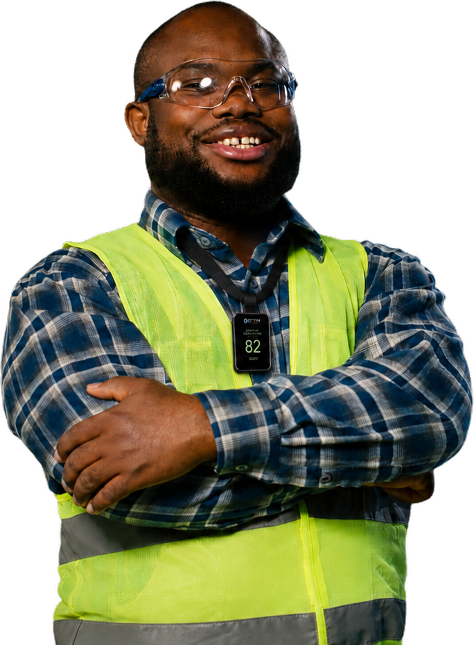A warehouse worker wearing the Exposure Health Score badge showing 82, Good