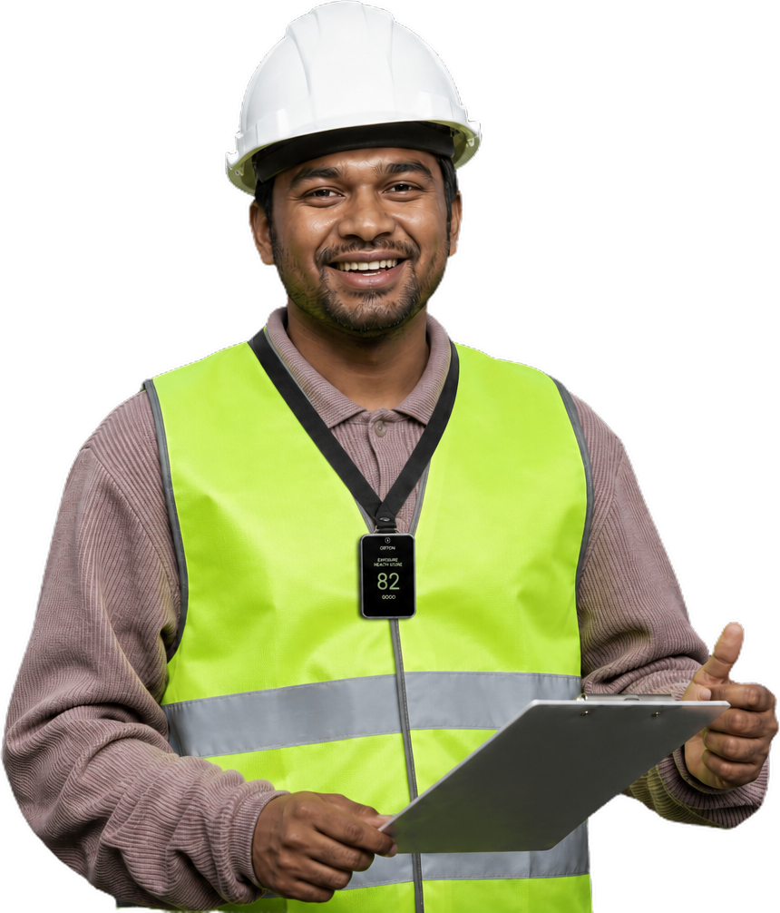 A site inspector wearing the Exposure Health Score badge showing 82, Good