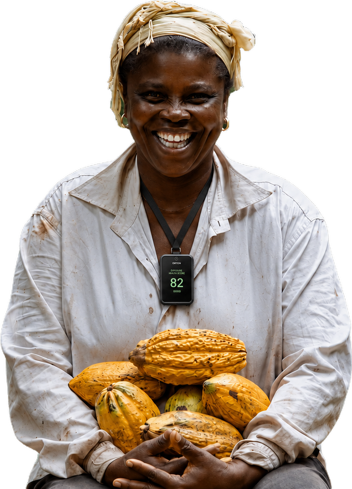 A cocoa farmer wearing the Exposure Health Score badge showing 82, Good