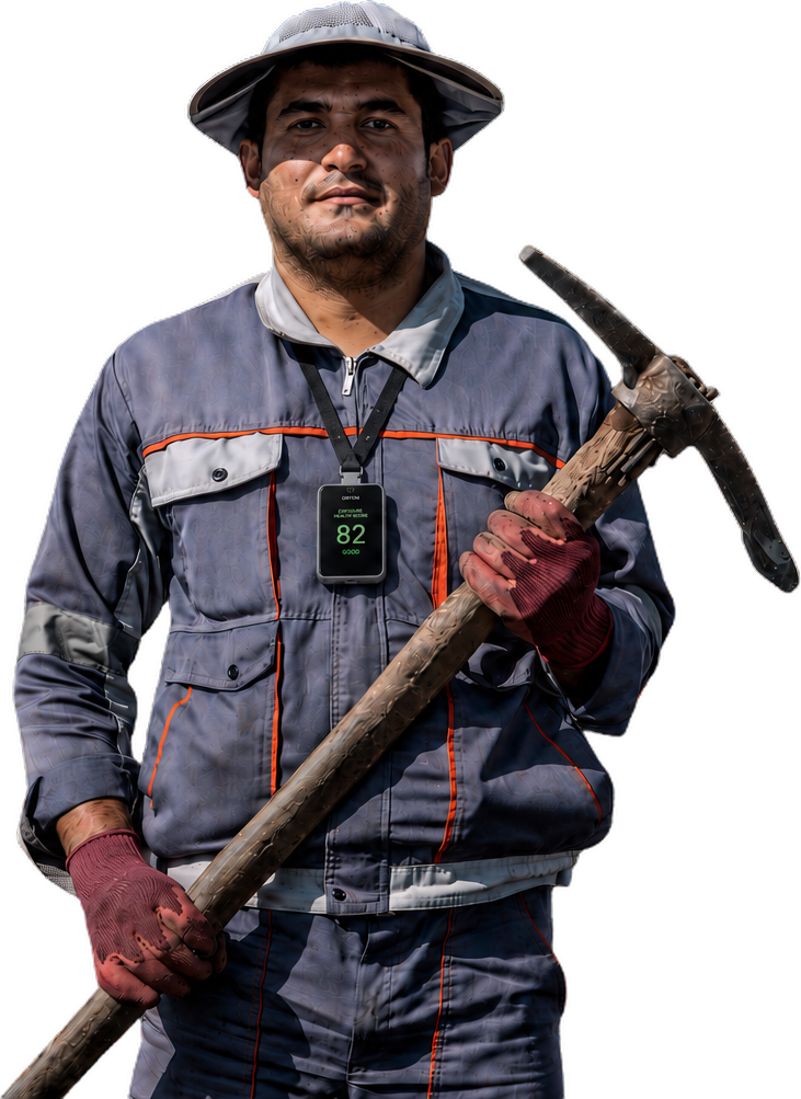 A miner wearing the Exposure Health Score badge showing 82, Good