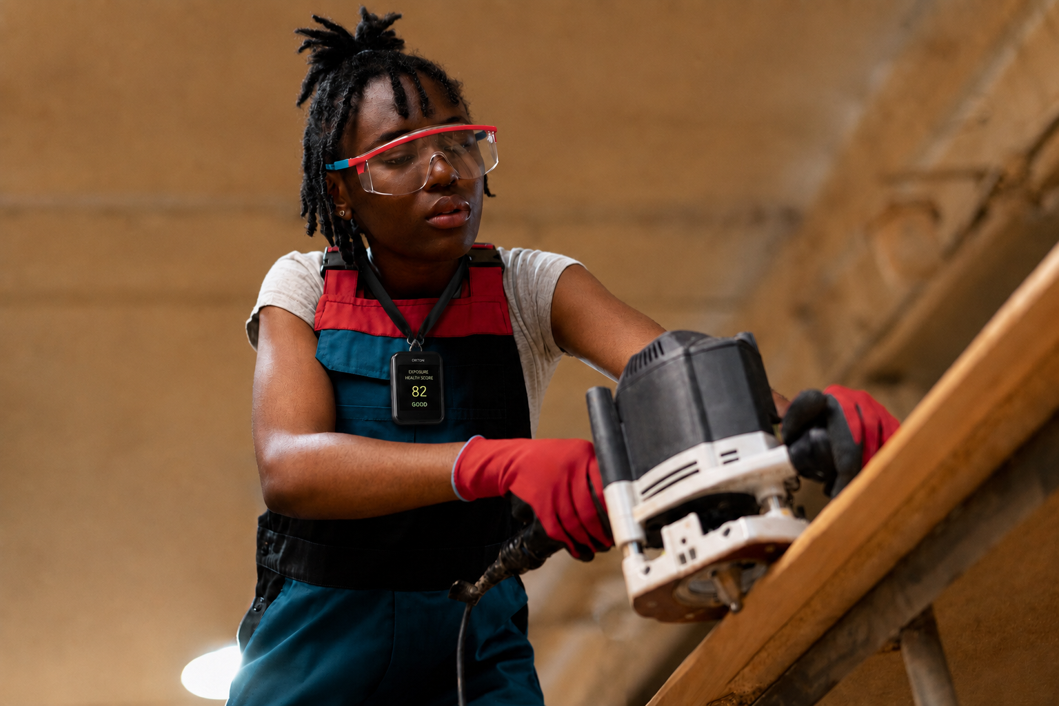 A carpenter in safety goggles operating a wood router, wearing the ORTON badge showing Exposure Health Score 82, Good