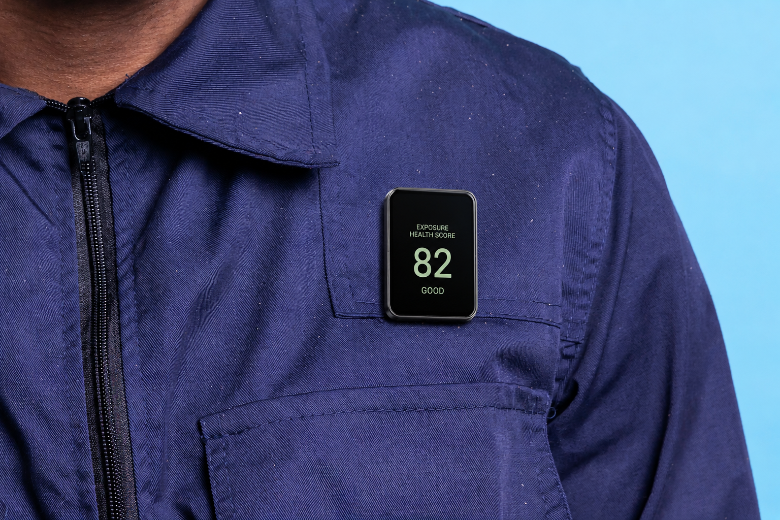 A worker wearing the ORTON badge on their jacket, showing an Exposure Health Score of 82, Good